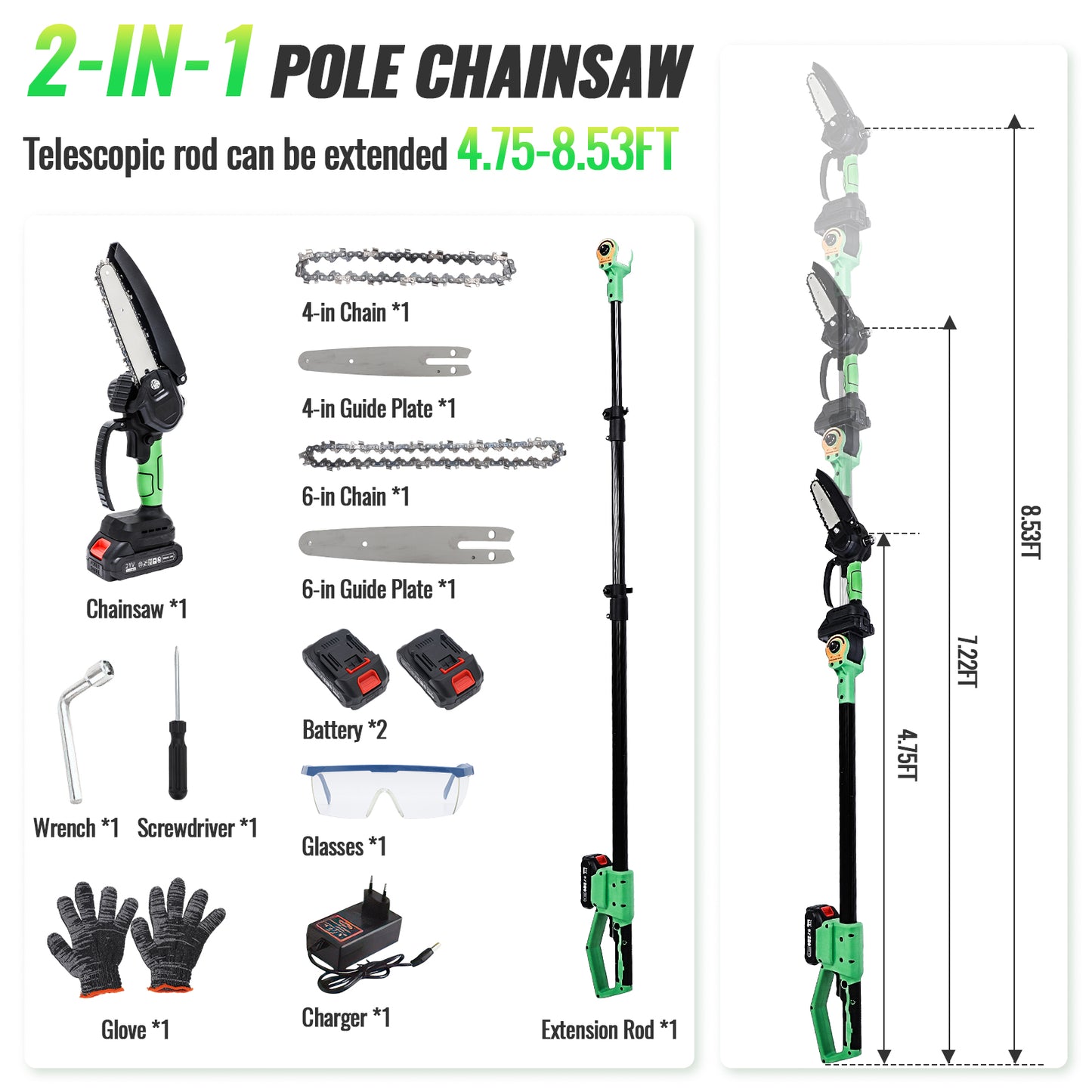 2-in-1 Cordless Pole Saw,6in + 4in Mini Chainsaw & Cordless Pole Saw with 2pcs 2.0A Batteries, 14.5-Ft Max Reach Brach Tree Saw Retractable Extension Rod for Wood Cutting Garden