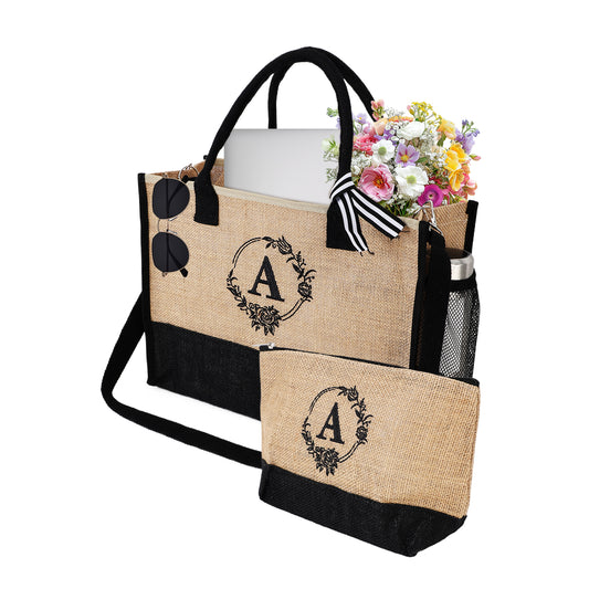 Initial Jute Tote Bag Set for Women, Makeup Bag with Pockets Adjustable Strap, Beach Tote Bag Travel Essential for Mothers Day Birthday Gifts