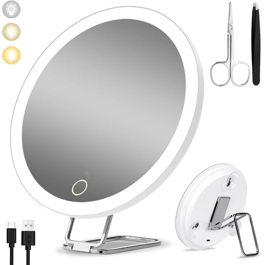 Magnifying Mirror with Light 30X, Large 6" Rechargeable 3 Colors Modes Dimming Lighted Makeup Mirror with 30X Magnification, LED Travel Magnified Mirror with 3 Suction Cups and 360 Degree Table Stand