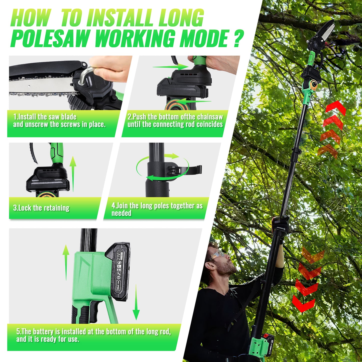 2-in-1 Cordless Pole Saw,6in + 4in Mini Chainsaw & Cordless Pole Saw with 2pcs 2.0A Batteries, 14.5-Ft Max Reach Brach Tree Saw Retractable Extension Rod for Wood Cutting Garden