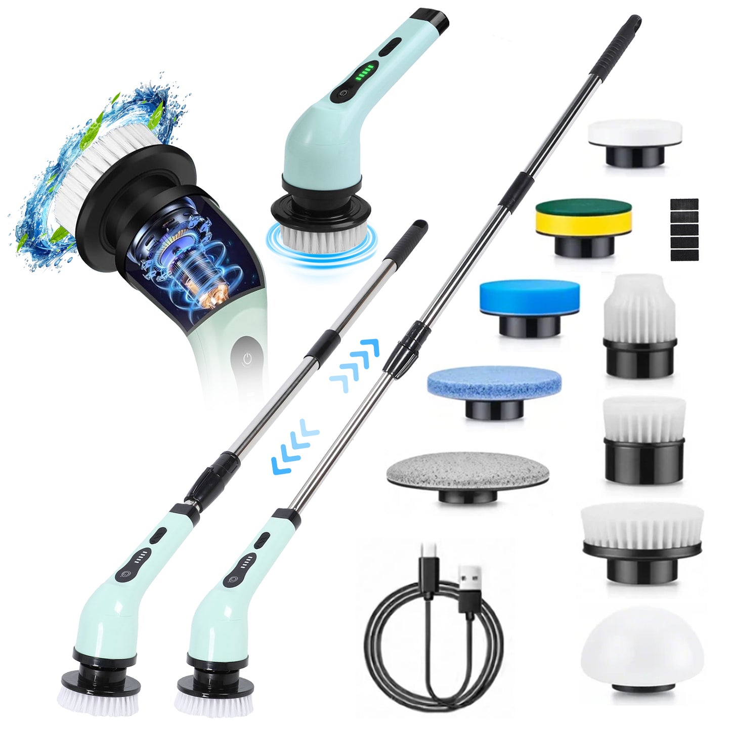 Cordless Power Scrubber with Extension Handle & 9 Replaceable Heads,Shower Cleaning Brush Household Tools for Bathroom & Tub & Tile Floor
