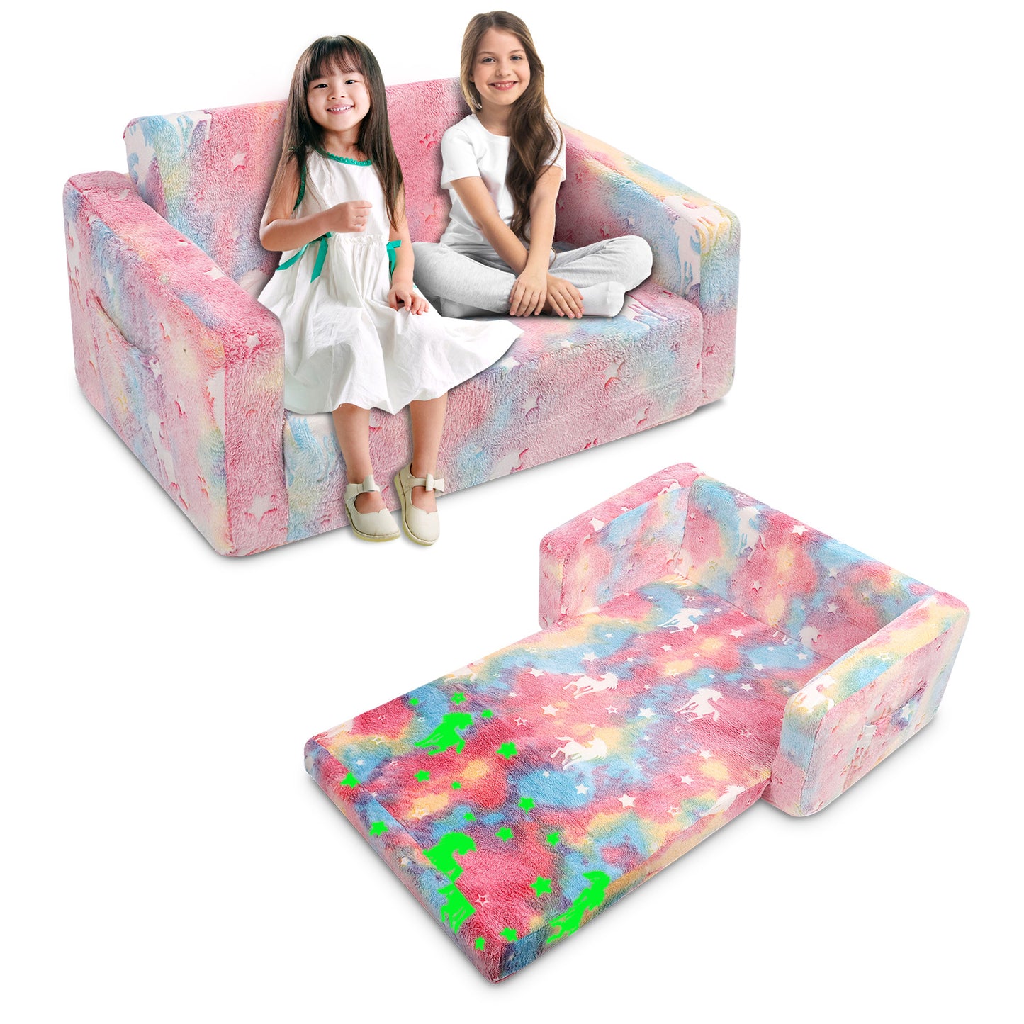 Toddler Couch, Toddler Chair Folding, Kids Couch 2 In 1, In The Dark Open Couch,Baby Convertible Sofa for Playroom Extra Wide Soft 2 Seats, Gifts For Kids, Sleeper For Girls Boys,Pink