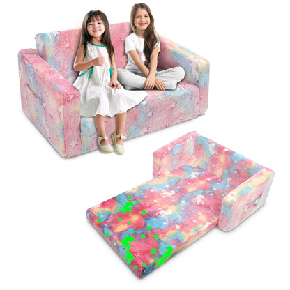 Toddler Couch, Toddler Chair Folding, Kids Couch 2 In 1, In The Dark Open Couch,Baby Convertible Sofa for Playroom Extra Wide Soft 2 Seats, Gifts For Kids, Sleeper For Girls Boys,Pink