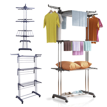 4-Tier Clothes Drying Rack w/ Casters, Clothes Dryer Hanger Stainless Steel Garment Laundry Racks Movable with Foldable Indoor Outdoor Bedroom Balcony