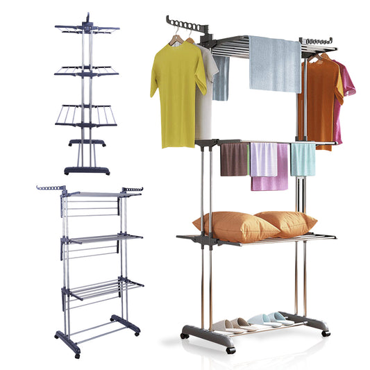 4-Tier Clothes Drying Rack w/ Casters, Clothes Dryer Hanger Stainless Steel Garment Laundry Racks Movable with Foldable Indoor Outdoor Bedroom Balcony