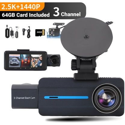3 Channel Dual Dash Cam, Front Rear 4K/2.5K+1440P 3.16" Full HD With 64GB Card Car Dashboard Recorder IPS Screen ,Night Vision Wide Angle, G-Sensor, 24H Parking, Loop