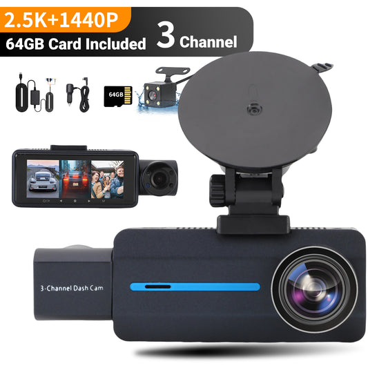 3 Channel Dual Dash Cam, Front Rear 4K/2.5K+1440P 3.16" Full HD With 64GB Card Car Dashboard Recorder IPS Screen ,Night Vision Wide Angle, G-Sensor, 24H Parking, Loop