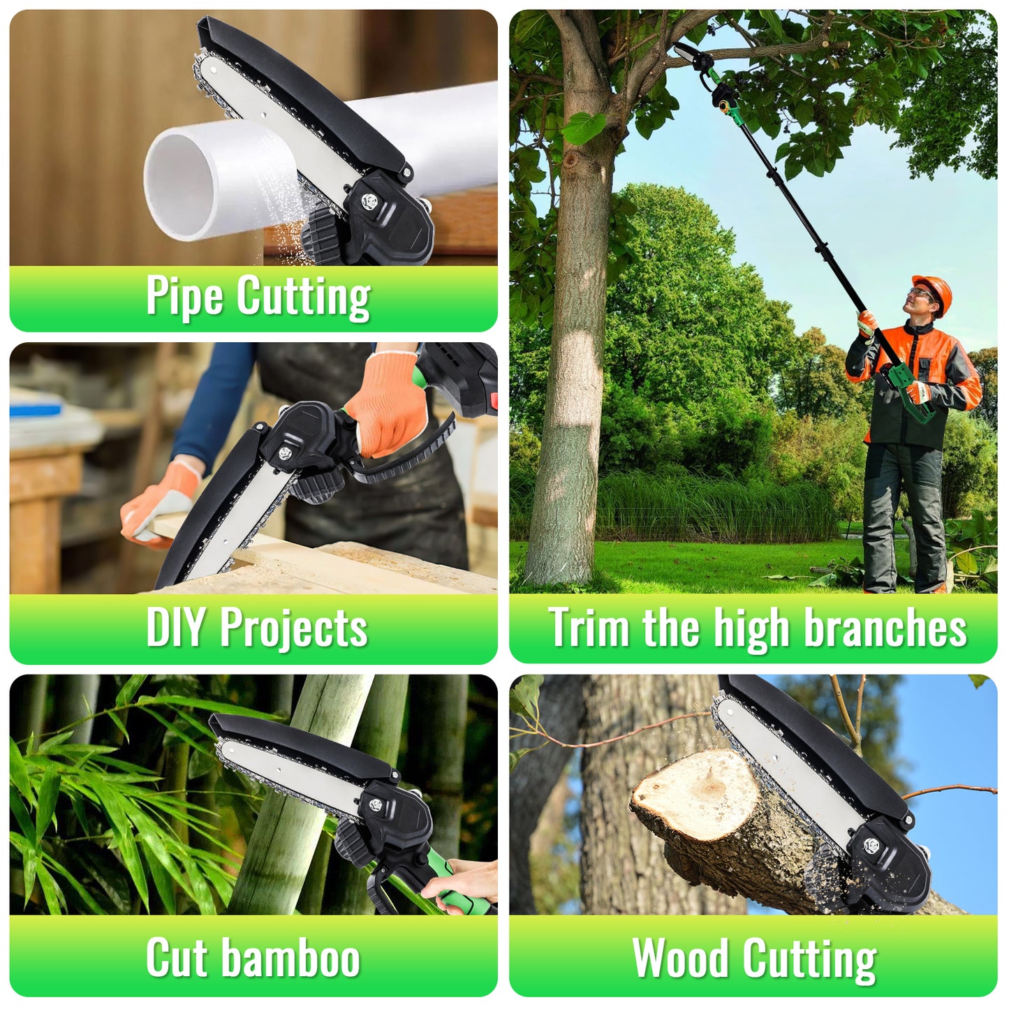 2-in-1 Cordless Pole Saw,6in + 4in Mini Chainsaw & Cordless Pole Saw with 2pcs 2.0A Batteries, 14.5-Ft Max Reach Brach Tree Saw Retractable Extension Rod for Wood Cutting Garden