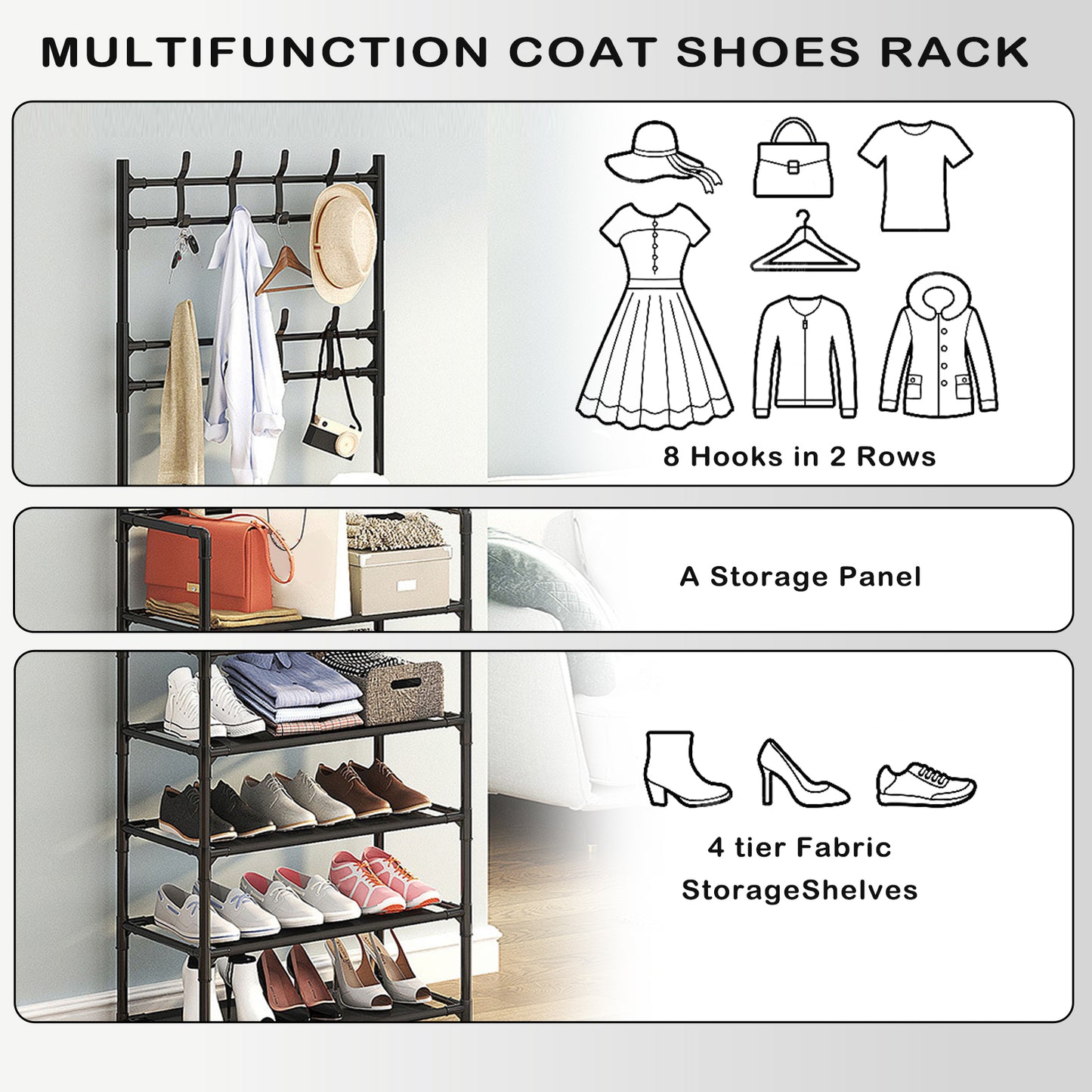 3-in-1 Entryway Coat Rack with Shoe Rack, 69" H Coat Clothes Rack Shoe Storage Shelves, Multipurpose Hat and Shoe Storage Rack with 5-Tier 8 Hooks, Suitable for Hat, Clothes,Key,Black