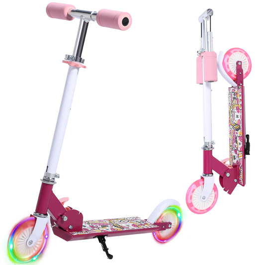 Scooters for Kids, 2 Wheel Folding Kick Scooter for Girls Boys, 3 Adjustable Height, Light Up Wheels, Pink Lightweight Scooter with Sturdy Frame, Kickstand for Children 3 to 10 Years Old