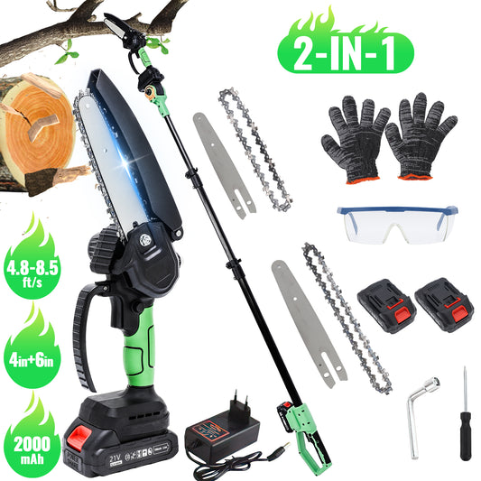 2-in-1 Cordless Pole Saw,6in + 4in Mini Chainsaw & Cordless Pole Saw with 2pcs 2.0A Batteries, 14.5-Ft Max Reach Brach Tree Saw Retractable Extension Rod for Wood Cutting Garden