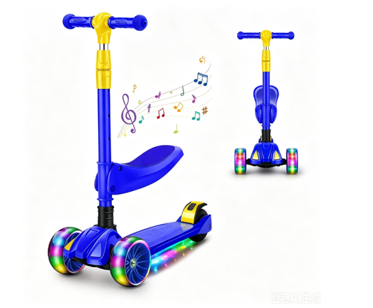 Eotvia 3 Wheel Scooter for Kids, Folding Kids Scooter with Seat, Blue Toddler Scooter with Adjustable Handlebar, Ride on Toys with Music Streamer LED Lights Rear Brake for Boys Girls Ages 3-5