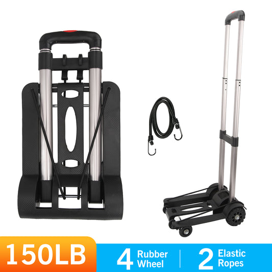 Folding Hand Truck, Lightweight Luggage Cart Foldable, Iron Tube Luggage Trolley Dolly with 4 Rotate Wheels, Pull Rod, Collapsible for Moving Travel Shopping Airport Office