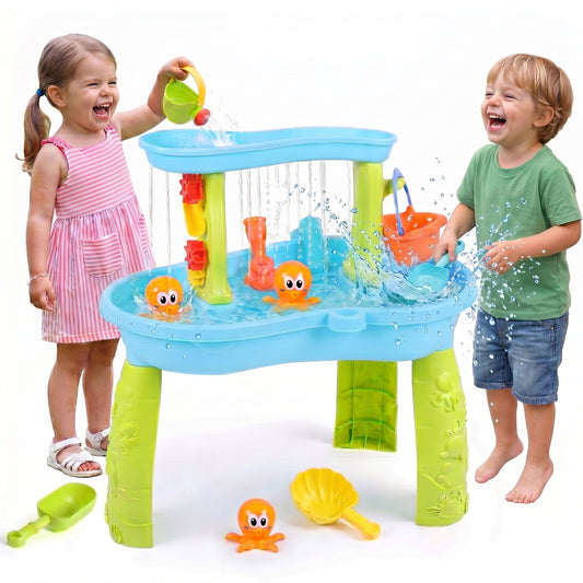 Water Tables for Toddlers, 2 in 1 Sand and Water Tables for Kids, Rain Showers Pond Water Sensory Tables Summer Outside Toys with 12 Piece Colorful Accessories, Gift for Boys Girls Kids Age 1-3 3-5