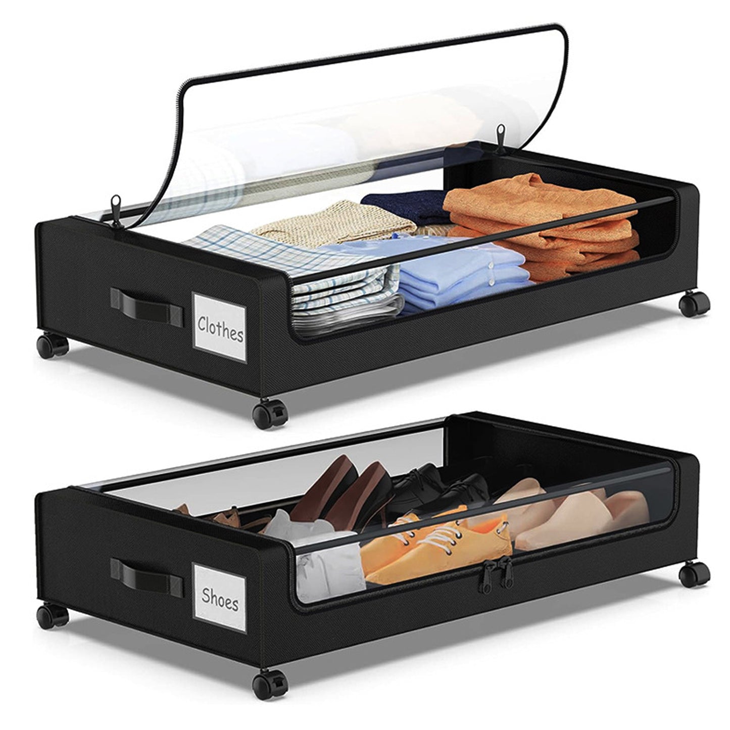 Under Bed Storage with Wheels, 2Pack 48L Under Bed Storage Containers, Under Bed Shoe Storage Organizer With Clear Lid,Black