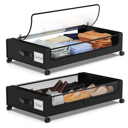 Under Bed Storage with Wheels, 2Pack 48L Under Bed Storage Containers, Under Bed Shoe Storage Organizer With Clear Lid,Black