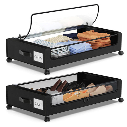 Under Bed Storage with Wheels, 2Pack 48L Under Bed Storage Containers, Under Bed Shoe Storage Organizer With Clear Lid,Black