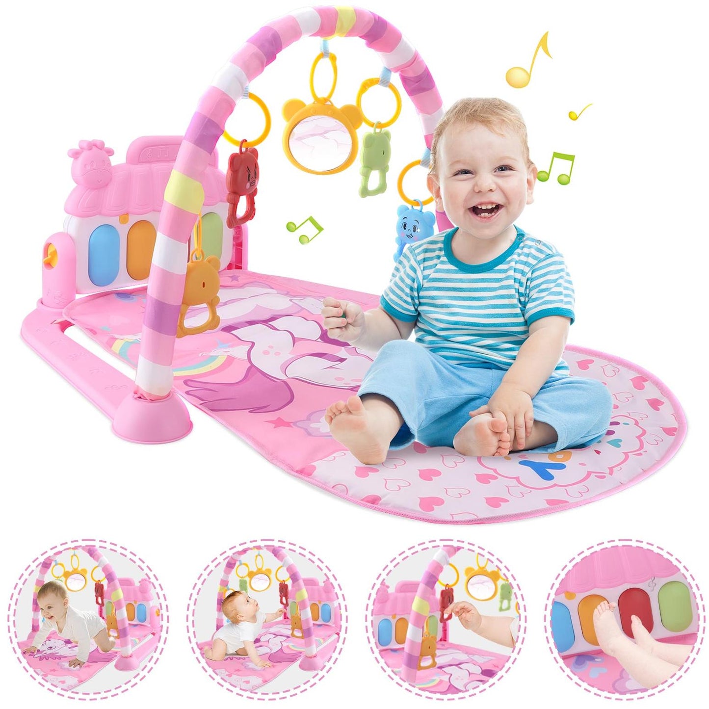 Baby Play Mat with Piano, Musical Activity Fitness Gym for Newborn, Infant Playmat Piano Suitable for 0-3 Year Boys and Girls Tummy Time, Pink