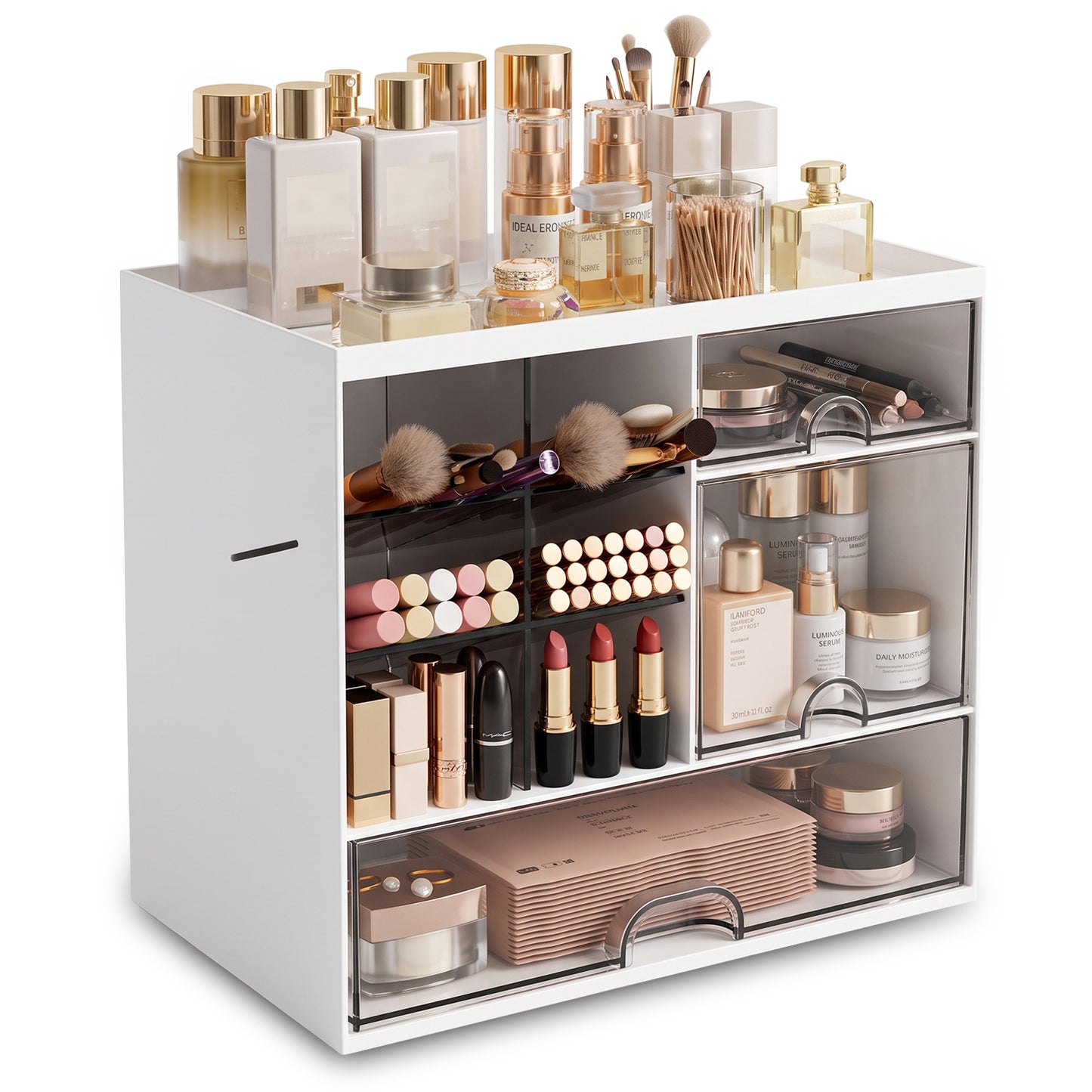 Makeup Organizer with Drawers for Vanity,Bathroom Countertop Organizer with Brushes Holder,Plastic Skincare Storage Organizer,Cosmetic Display Case Gift for Women Girl Mom