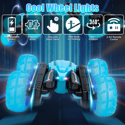 RC Stunt Car with Sound & LED Light Letters Double-Sided Drift 360-degree Flips Rotating Car Toy for Kids 3-12 Year Old, 4WD Remote Control Stunt Car for Boys Kids Girls