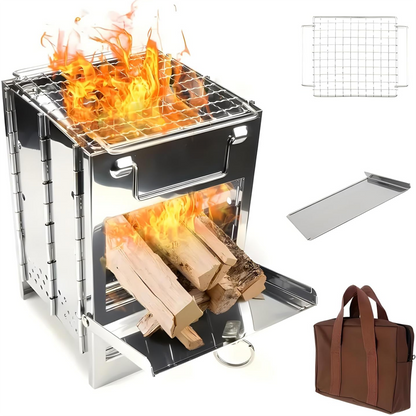Camping Stove Portable Stainless Steel Backpacking Stove, Folding Lightweight Wood Burning Stove for Outdoor Survival Cooking Picnic Hunting, Mini BBQ Grill with Carry Bag
