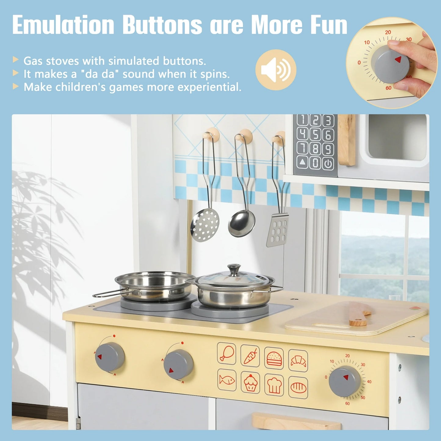 Kids Play Kitchen Wooden Pretend Toddler Toys Playset Gift with Realistic Design, Microwave Oven, Cabinets, Sink, Cooking Accessories for Girls Boys