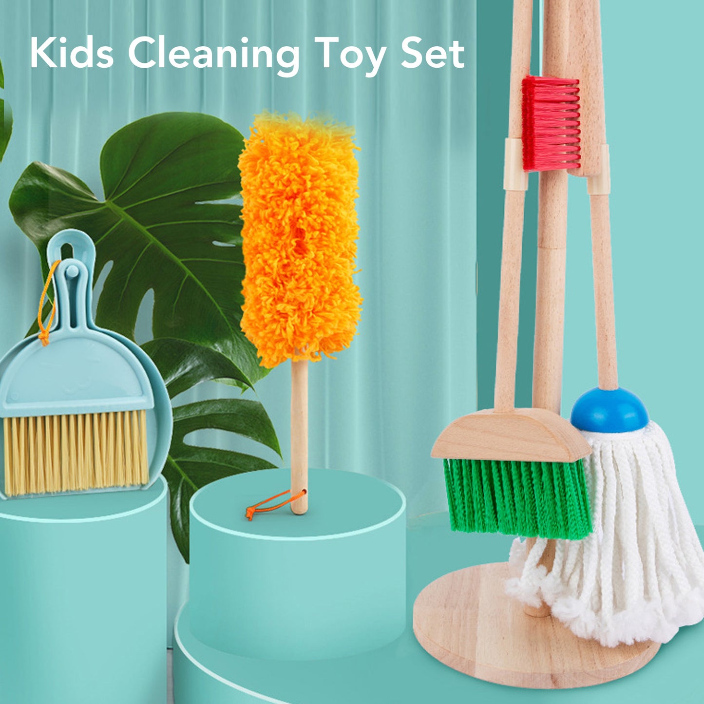Wooden Kids Cleaning Set, Pretend Play Kit Toddler Role Play Toys Kids Broom and Mop Set for Girls Boys Age 3+, Christmas Birthday Gift for Girls Boys