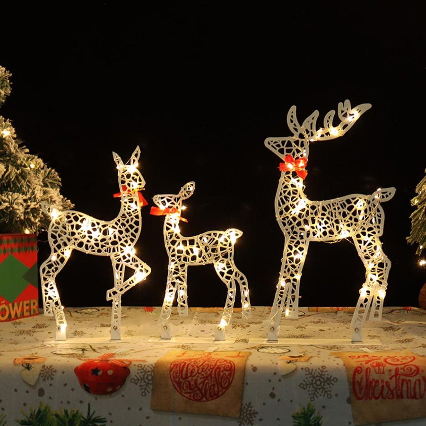 3PCS Lighted Christmas Deer Set Outdoor Yard Decoration With 360 LED Lights, Home Warm White Light For Christmas Gift