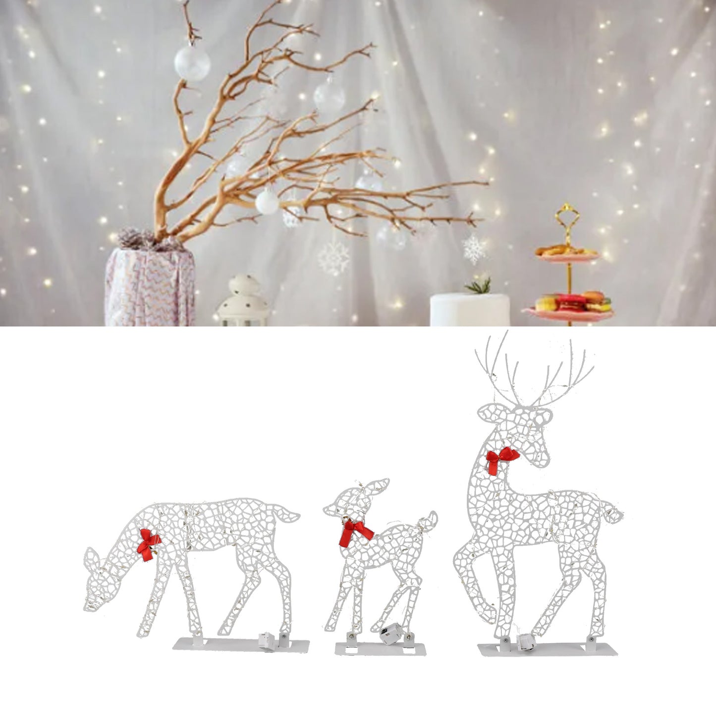 3PCS Lighted Christmas Deer Set Outdoor Yard Decoration With 360 LED Lights, Home Warm White Light For Christmas Gift