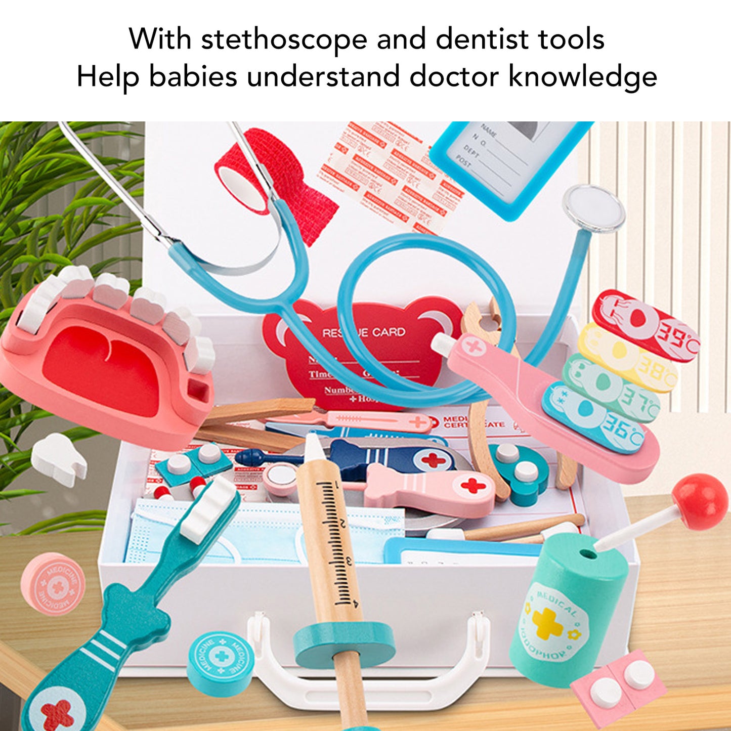 Kids Doctor Kit 50-Piece Wooden Pretend Play Doctor Playset with Carrying Case Stethoscope Pretend Role Play Medical Kit Toy for Toddlers Boys Girls 3 4 5 Years Old
