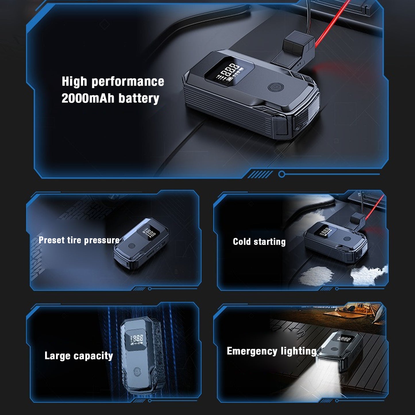 Car Jump Starter, 2000A Jump Starter Up To 8L Gas/6L Diesel Engines With 150PSI Digital Tire Inflator, LCD Screen, LED Light, USB Fast Charging