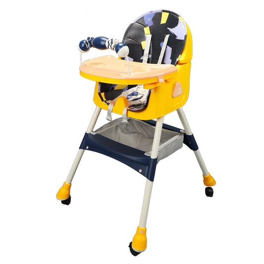High Chair, Folding Removable Trays PU Leather Seat Baby Highchair Blue Locking Wheels For Toddlers