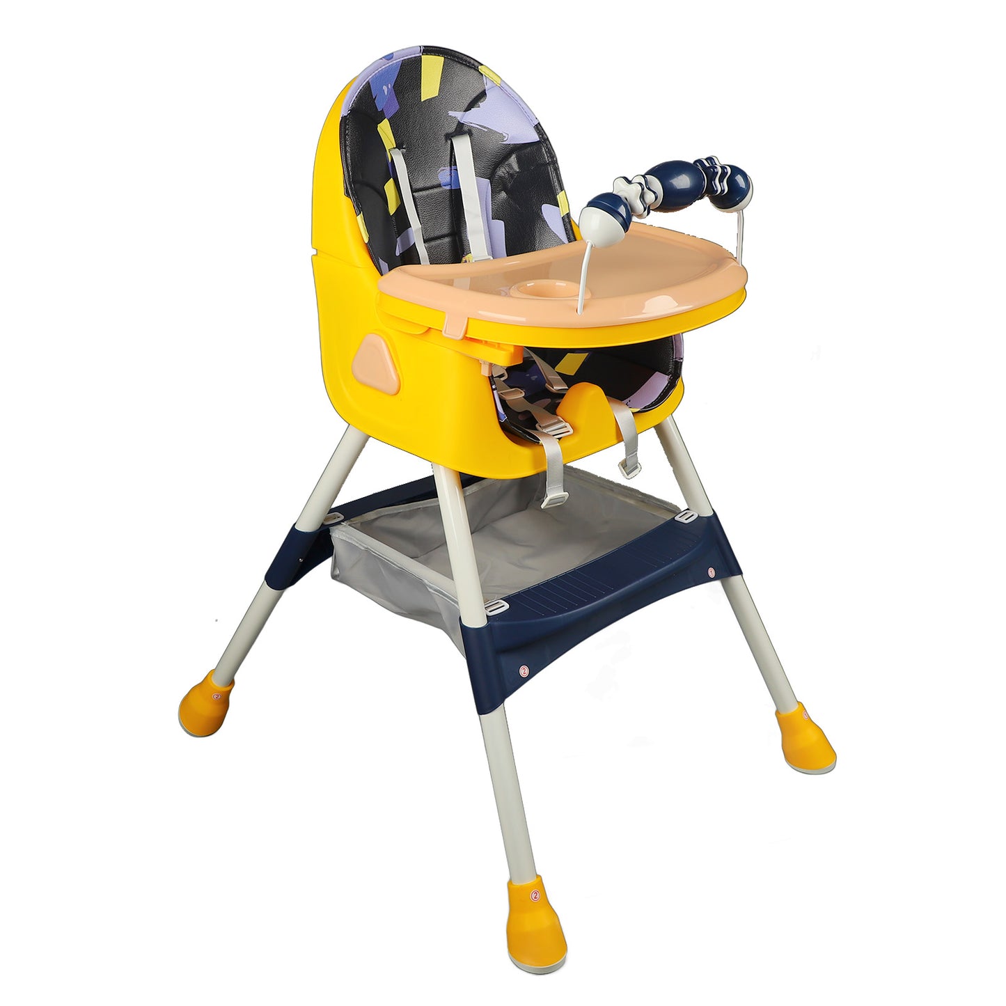 High Chair, Folding Removable Trays PU Leather Seat Baby Highchair Blue Locking Wheels For Toddlers