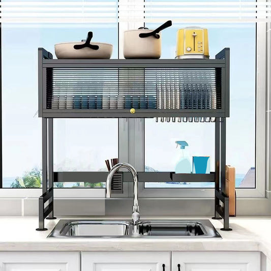 Over The Sink Dish Drying Rack Carbon Steel Space Saving 2 Tier Above Kitchen Sink Dish Drying Drainer Rack with Cover for Kitchen