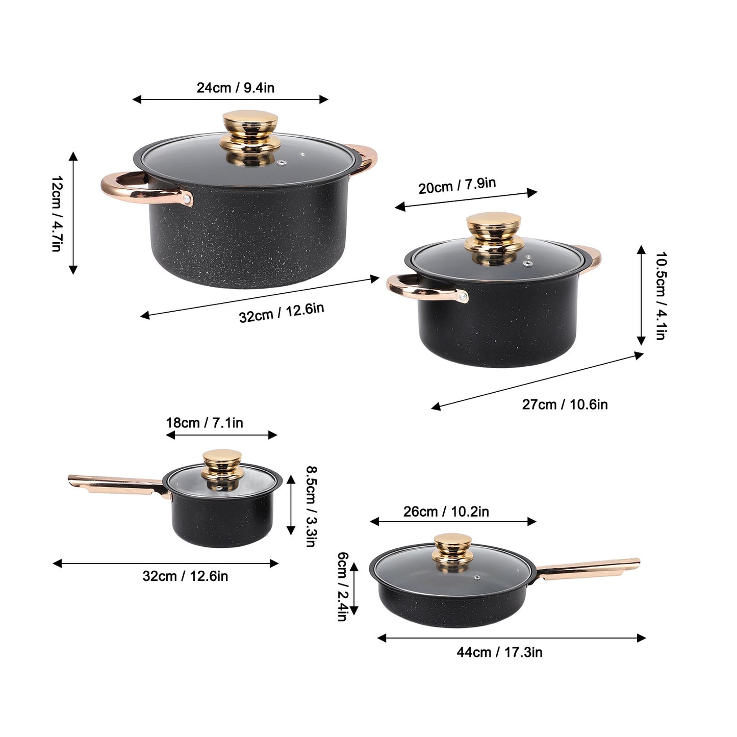 Cookware Set Anti Stick Good Heat Conductivity Stainless Steel Maifan Stone Coating Frying Pan Milk Pan Soup Pots Set with Glass Lids for Kitchen