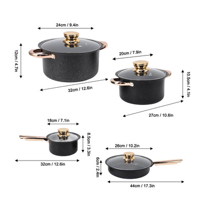 Cookware Set Anti Stick Good Heat Conductivity Stainless Steel Maifan Stone Coating Frying Pan Milk Pan Soup Pots Set with Glass Lids for Kitchen