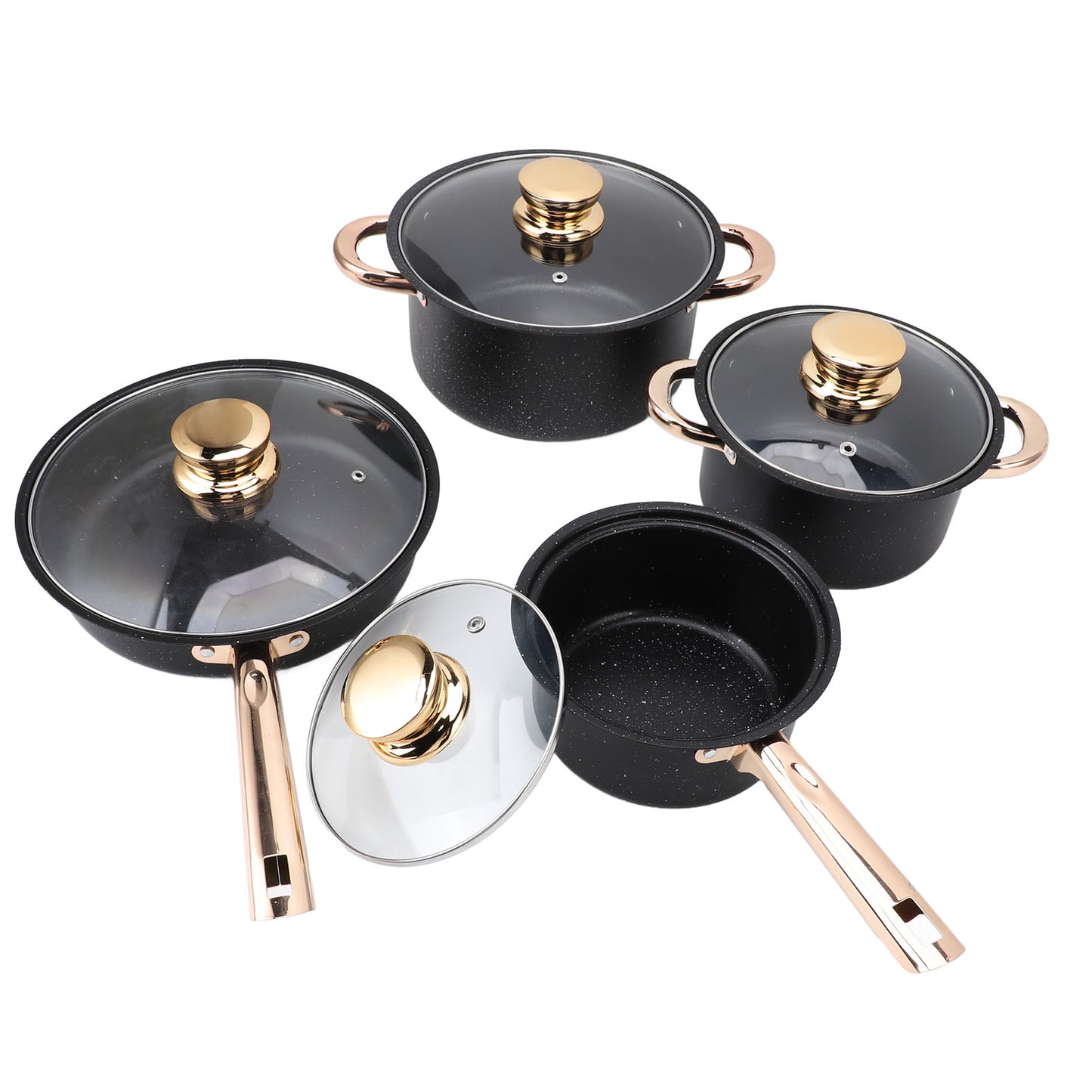 Cookware Set Anti Stick Good Heat Conductivity Stainless Steel Maifan Stone Coating Frying Pan Milk Pan Soup Pots Set with Glass Lids for Kitchen