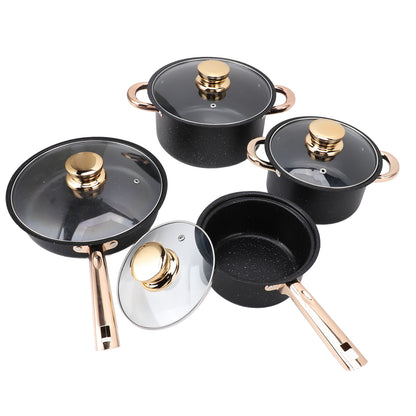 Cookware Set Anti Stick Good Heat Conductivity Stainless Steel Maifan Stone Coating Frying Pan Milk Pan Soup Pots Set with Glass Lids for Kitchen