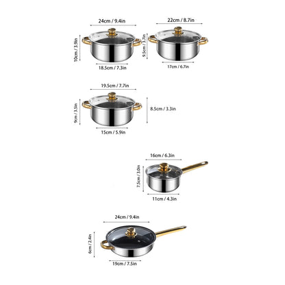 Stainless Steel Pots and Pans Set Ergonomic Golden Handle Multifunctional Cookware Set Cooking Pots with Glass Lids for Kitchen