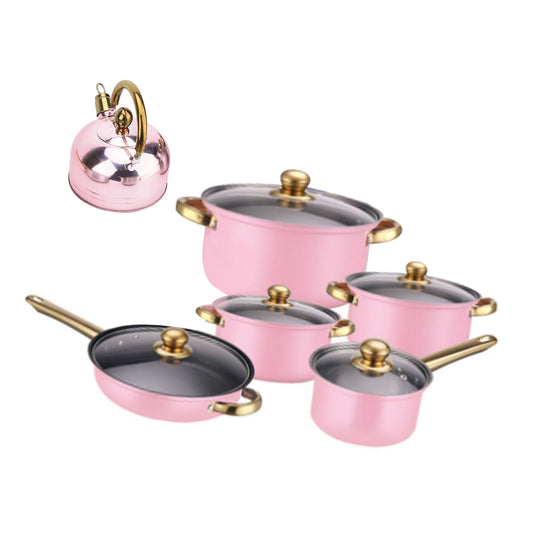 12 Piece Stainless Steel Cookware Set, Nonstick Cookware Set, Kitchen Pots And Pans Tea Kettle Set With Glass Lid For Cooking, Dishwasher , Golden Handles