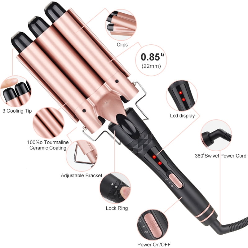 5 in 1 Curling Iron Wand LED Display Hair Wand Curler Set with 3 Barrel Hair Crimper for All Hair Type, Waver Curling Wand for Women, Rose Gold