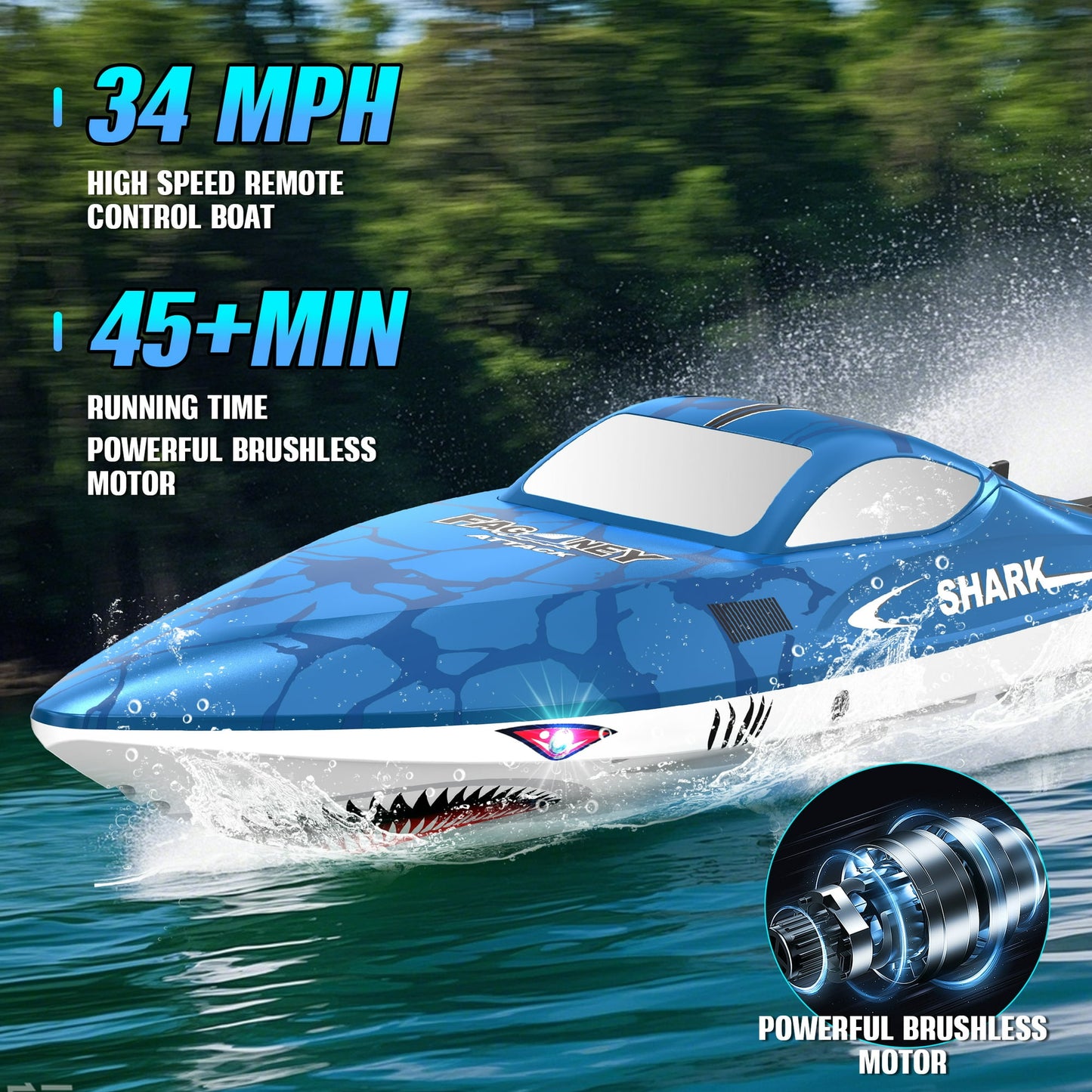 FAGINEY Brushless RC Shark Boat for Kids Adults, 34 mph (55 Kph) 2.4GHz Fast Remote Control Boat with Self-Righting, LED Lights