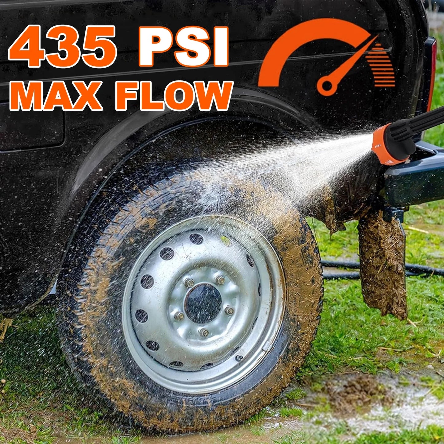 15000mAh 21V Cordless Pressure Washer with 2 Rechargeable Battery, 16.4FT Water Pipe and 6 in 1 Nozzles Car Power Cleaner Machine, 435PSI