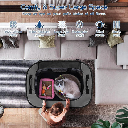 Pet Dog Cat Playpen, Foldable Cat Cage Kennel, Portable Puppy Crate for Indoor Outdoor Travel Camping Use, Black Dog Kennel Tent for Rabbit Small Animals with Carrying Case and Silicone Bowl, L