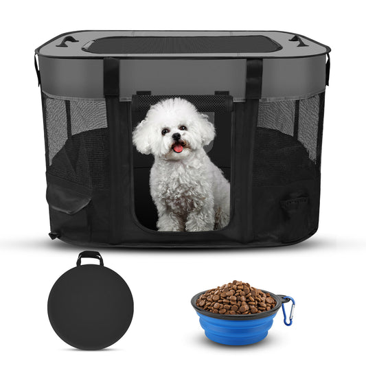 Pet Dog Cat Playpen, Foldable Cat Cage Kennel, Portable Puppy Crate for Indoor Outdoor Travel Camping Use, Black Dog Kennel Tent for Rabbit Small Animals with Carrying Case and Silicone Bowl, L