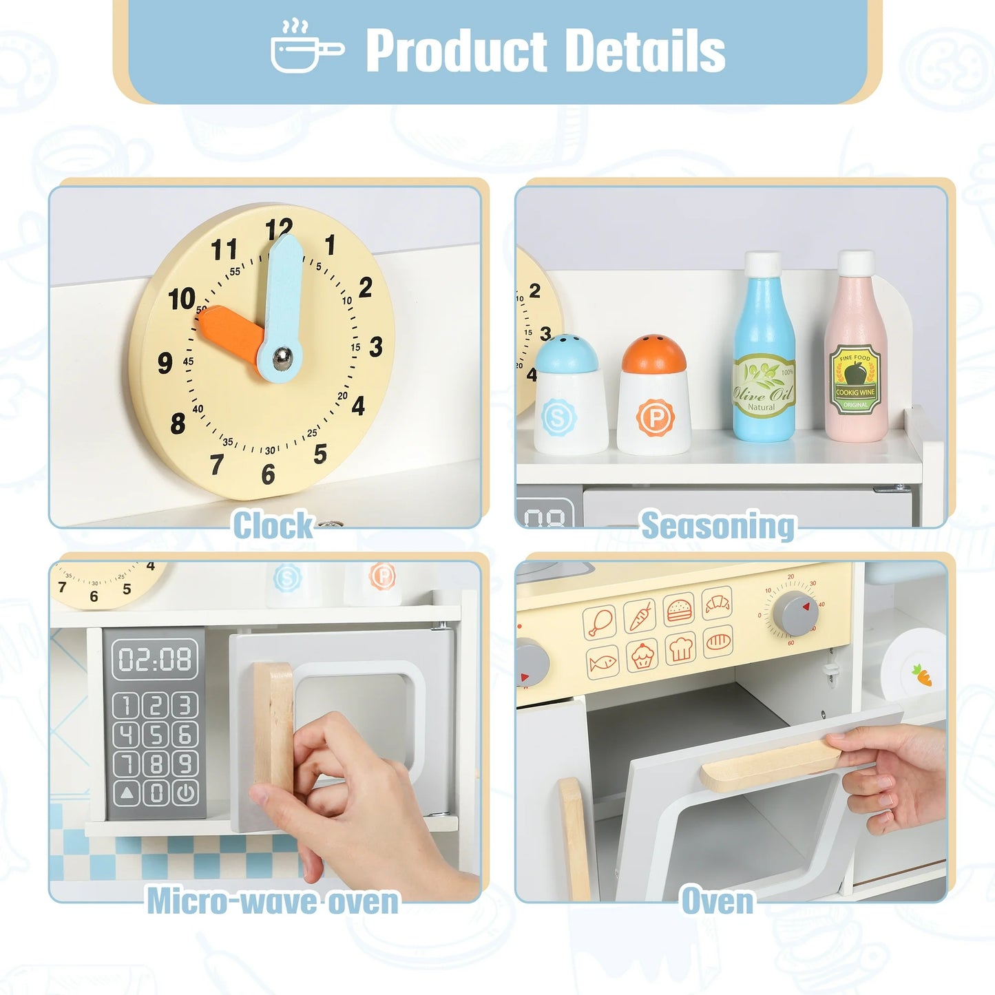 Kids Play Kitchen Wooden Pretend Toddler Toys Playset Gift with Realistic Design, Microwave Oven, Cabinets, Sink, Cooking Accessories for Girls Boys