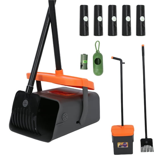 Pooper Scooper Swivel Bin Rake Kit 115pcs Waste Bags, Long Handle Large Capacity Pet Waste Poop Scooper