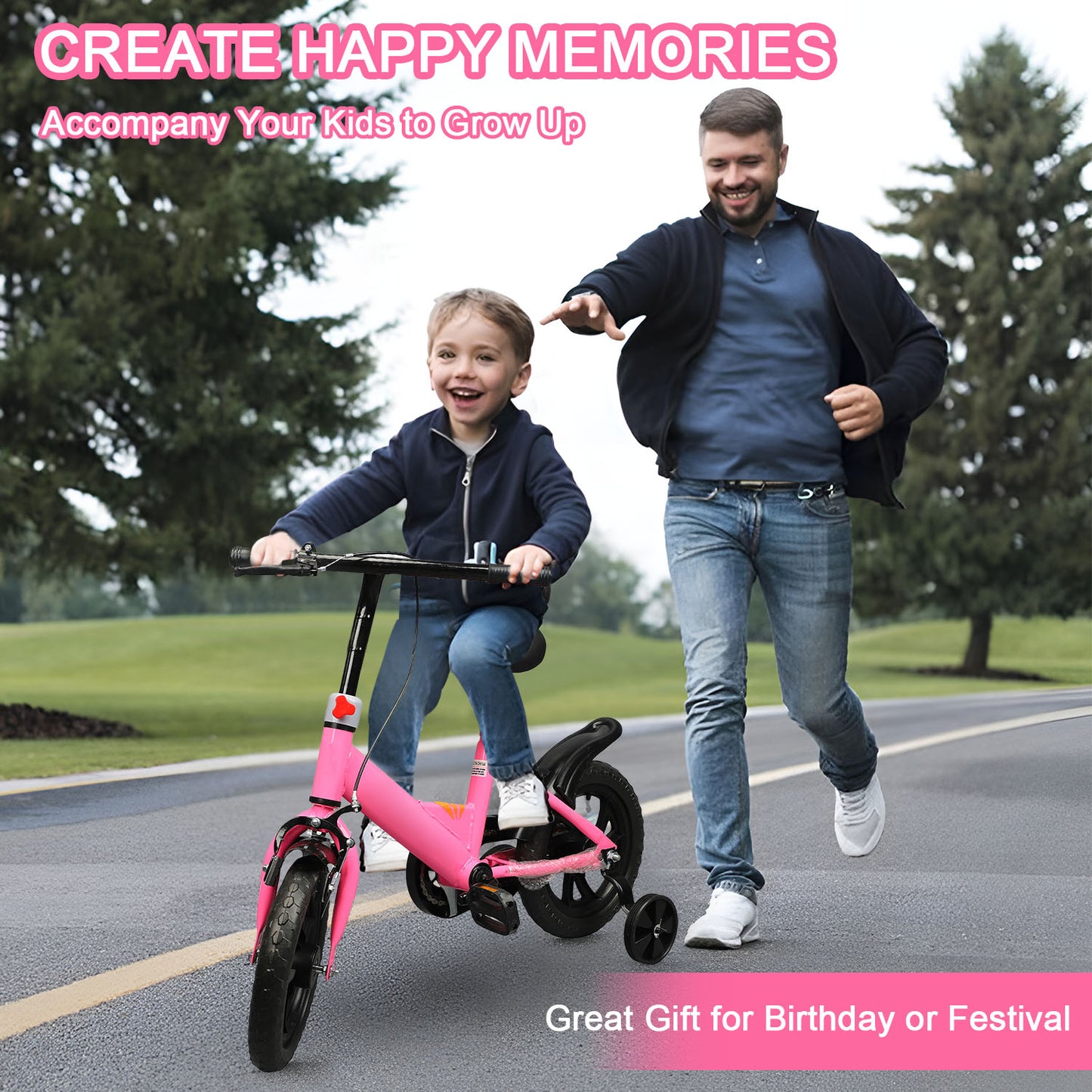 Eotvia 12 inch Kids Bike with Training Wheels, Children Bike with Handlebar, Kids Bicycle for Boys Girls Toddlers Ages 1 to 5, 2-in-1Pink Toddler Bike