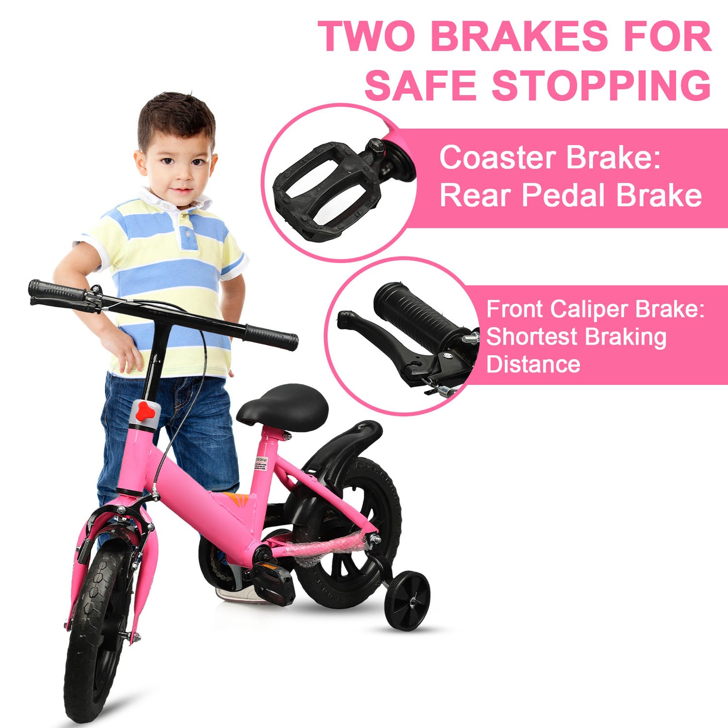 Eotvia 12 inch Kids Bike with Training Wheels, Children Bike with Handlebar, Kids Bicycle for Boys Girls Toddlers Ages 1 to 5, 2-in-1Pink Toddler Bike