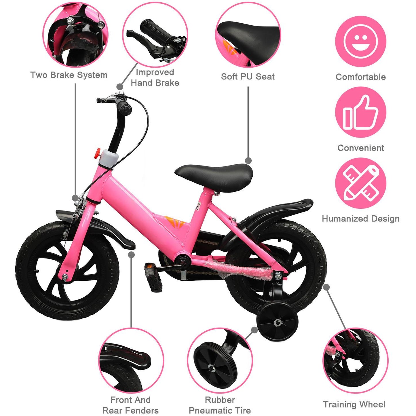 Eotvia 12 inch Kids Bike with Training Wheels, Children Bike with Handlebar, Kids Bicycle for Boys Girls Toddlers Ages 1 to 5, 2-in-1Pink Toddler Bike